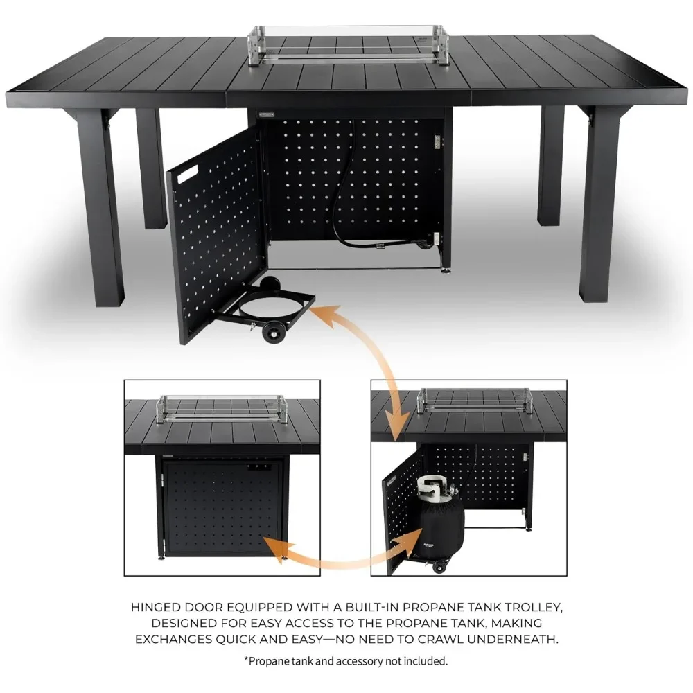 야외 직사각형 다이닝 파이어 테이블, 프로판 가스 파이어 피트 테이블, 스테인레스 스틸 버너, 통합 탱크 보관