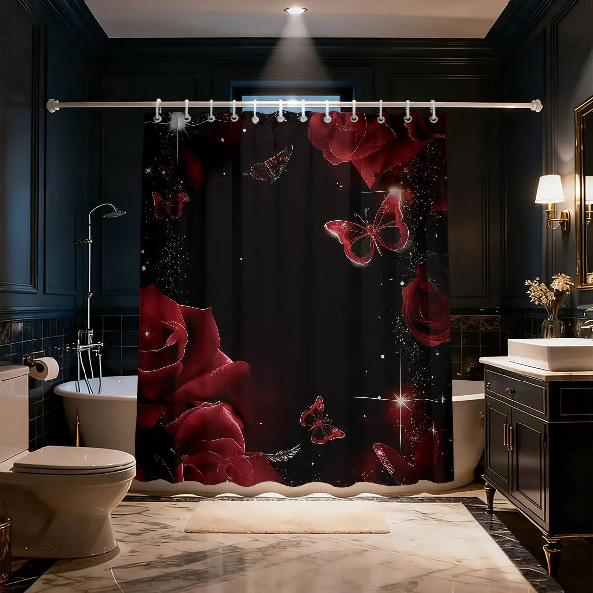Romantic Red Roses Butterfly Print Shower Curtain Bathroom Decoration Luxury Floral Gothic Shower Curtain Liner - view 3