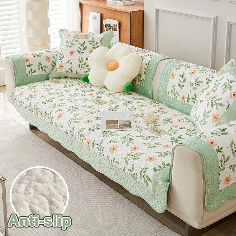 Floral Quilted Sofa Cover Non Slip All Season Couch Slipcover Breathable Pet Friendly Washable Pad for Living Room Garden Patio