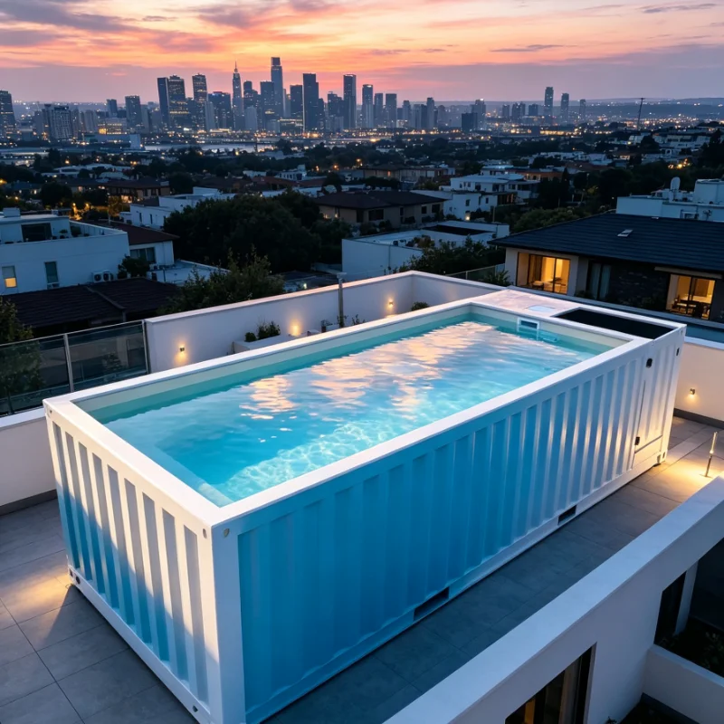 Patio Container Plunge Pool, Shipping Container Swimming Pool with Custom Exterior Tile Finishes