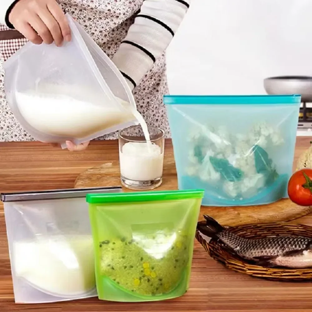 

Silicone Food Zip Bag Reusable Fresh-keeping Bag Fruit&Vegetable Sealed Bag Leak-proof Food Storage Ziplock Lock Storage