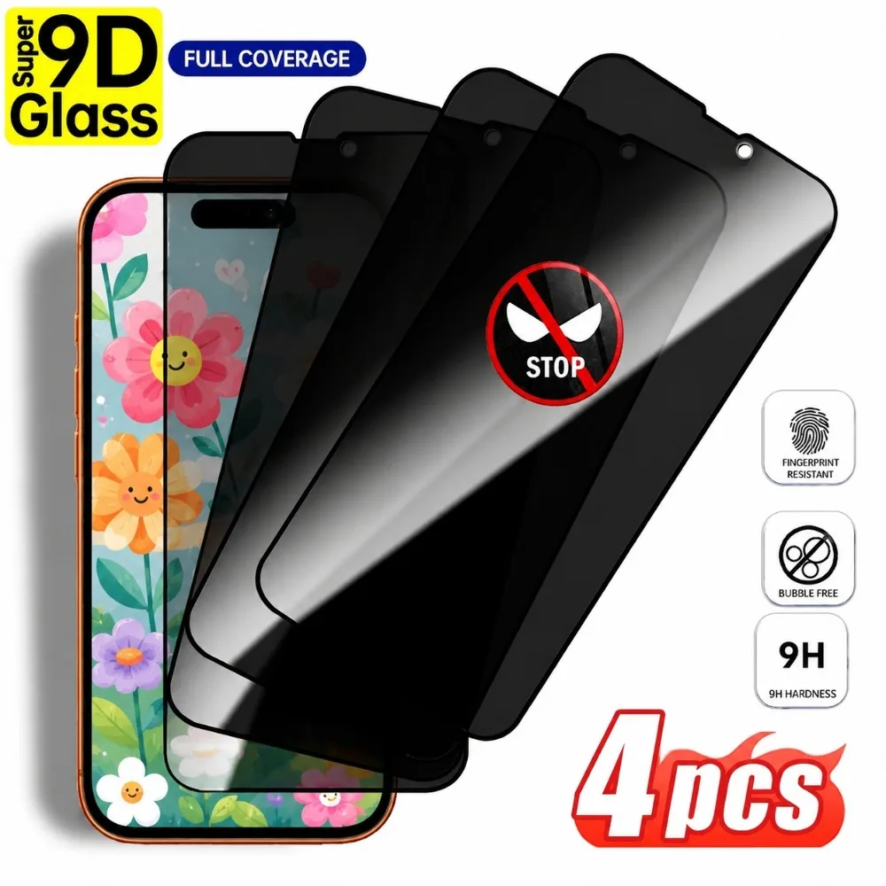 

4Pcs Full Cover Privacy Tempered Glass for iPhone 17/16/15/14/Pro Max/Air/13/12/11/Pro/17e/16e/15/14/Plus 9H Screen Protectors