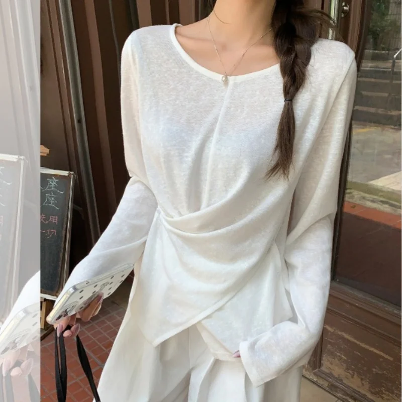 

2025 New Autumn Front Irregular Women's T-shirt Thin Long Sleeve O-neck Casual Loose Korean Bottom Shirts Knitted Tops Female