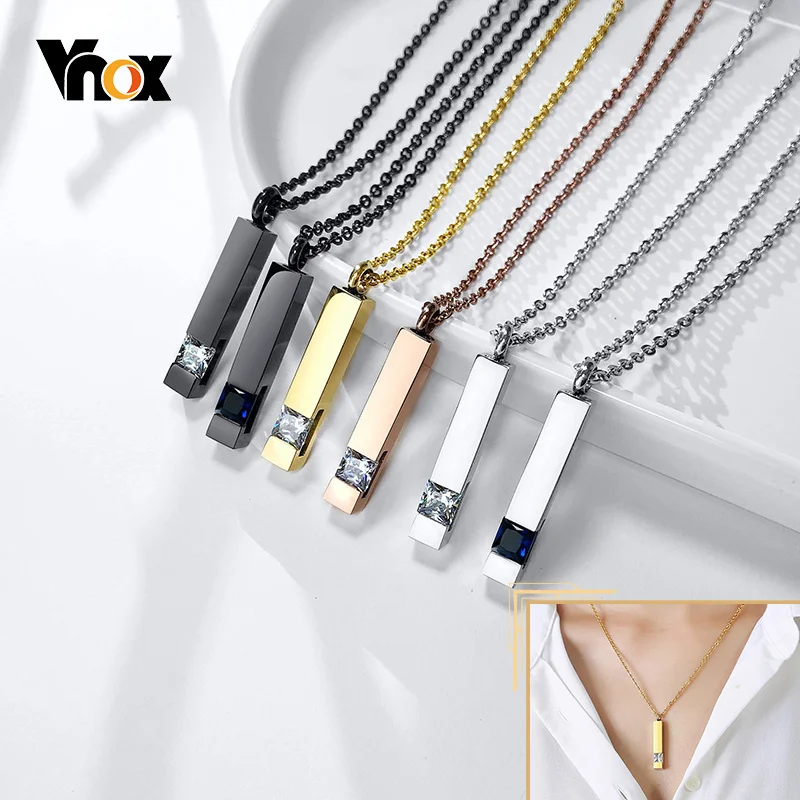 Vnox Urn Necklaces for Ashes Memorial Cremation Jewelry, Stainless Steel Bar Pendant for Women Men,Keepsake Gift with CZ Stone