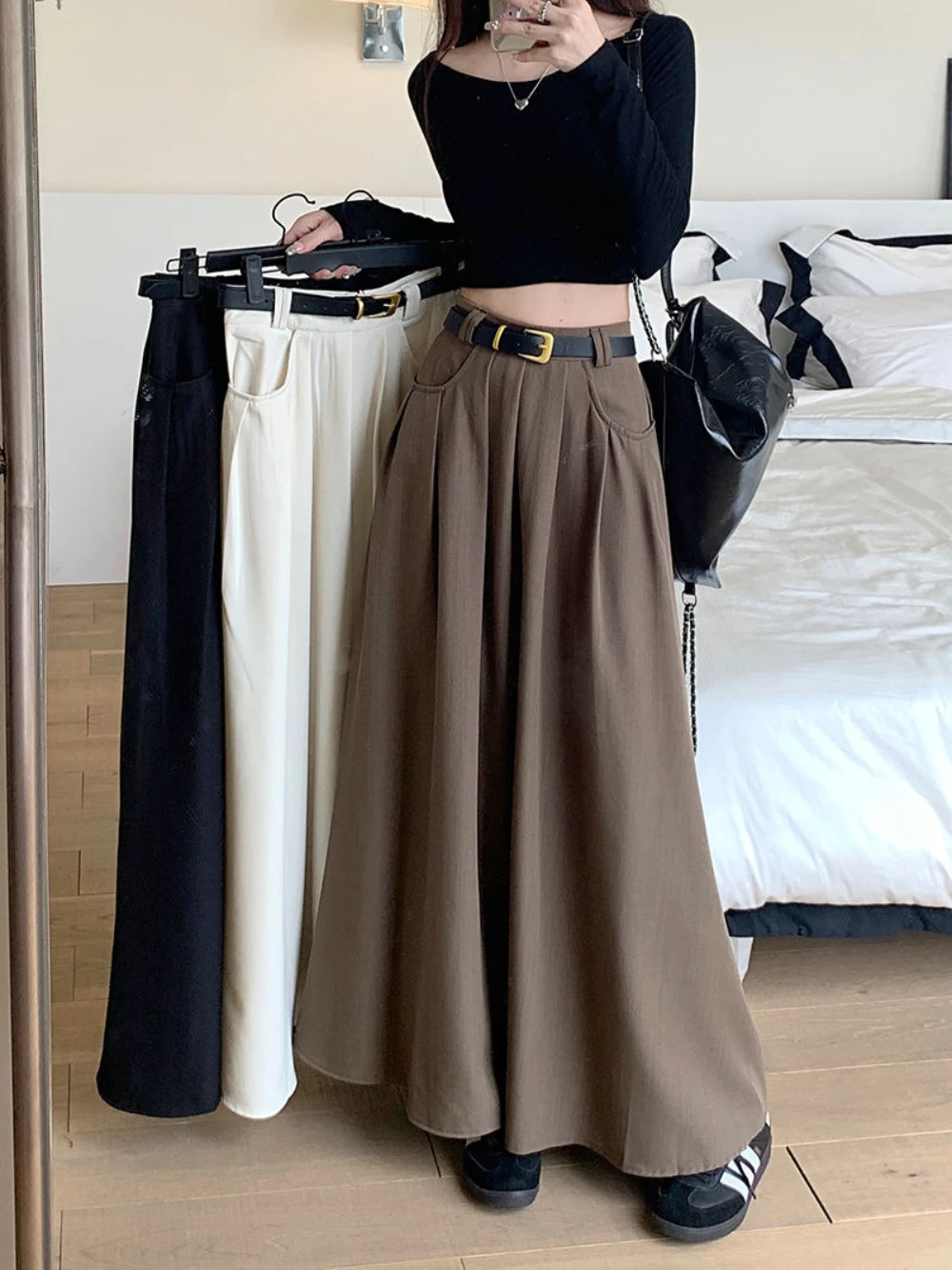 Korean Style Simple Temperament Big Hem Long Suit Skirt For Women Fashion Slim Fit Premium Texture A-line Pleated Skirt