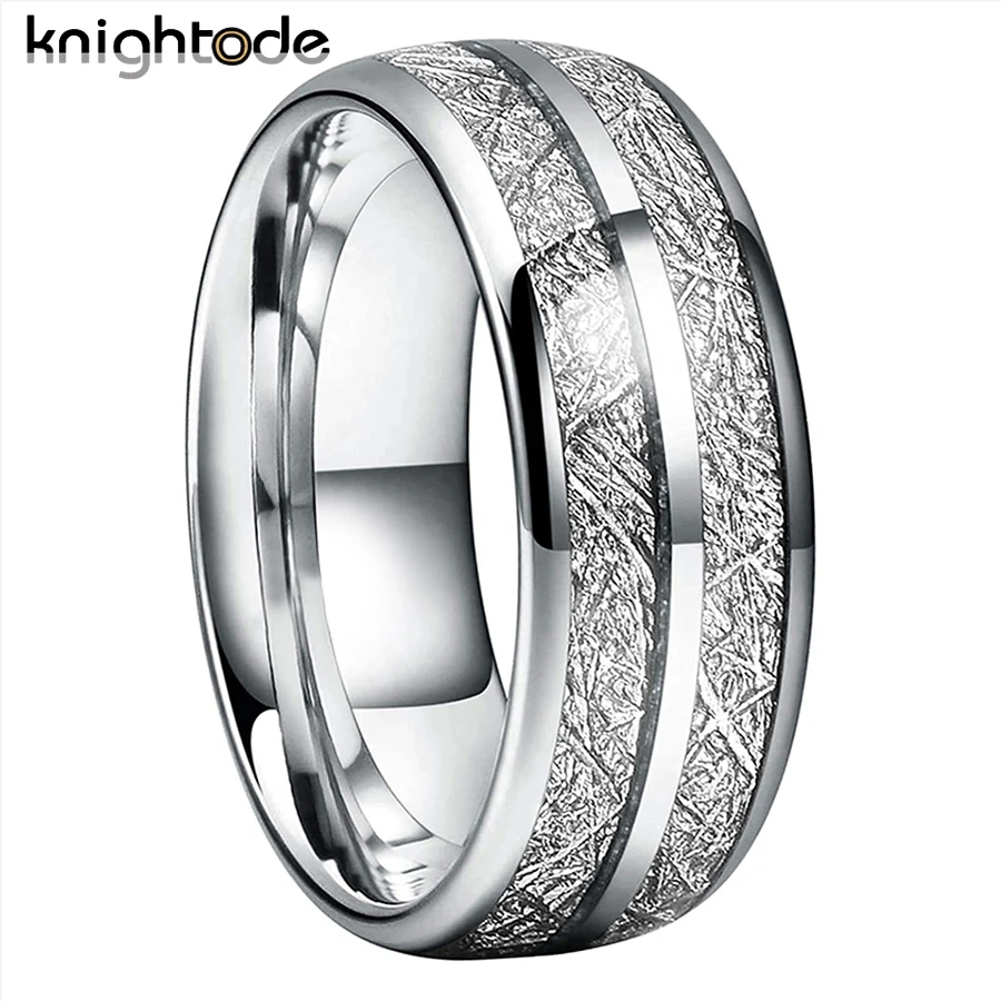 8mm Tungsten Carbide Wedding Band White Meteorite Double Grooves Inlay Anniversary Ring Polished Dome Comfort Fit