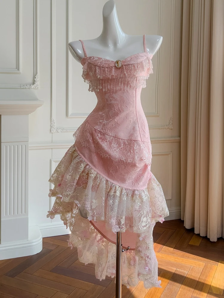 

Ele Sweet Side Lace Splicing Embroidered Dr Strapl Figure-a oming Pink Dr for Wedding Par Faion Occ...