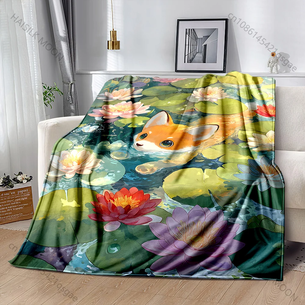 1PC Fox swimming among lilies Print Adult Children Warm Blankets Home Travel Car Soft and Comfortable Suitable for all seasons