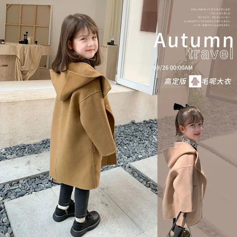 

Girls' Coat 2022 Autumn and Winter New Children's Hoodie Fashionable Coat Baby Mid-Length Woolen Coat