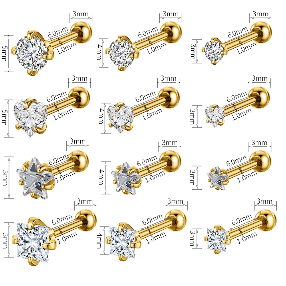 4Pairs Gold Color Heart Star Square-shaped Ear Studs Sets Stainless Steel Mini Earring Piercing Nose Studs Lip Rings Jewelry Lot