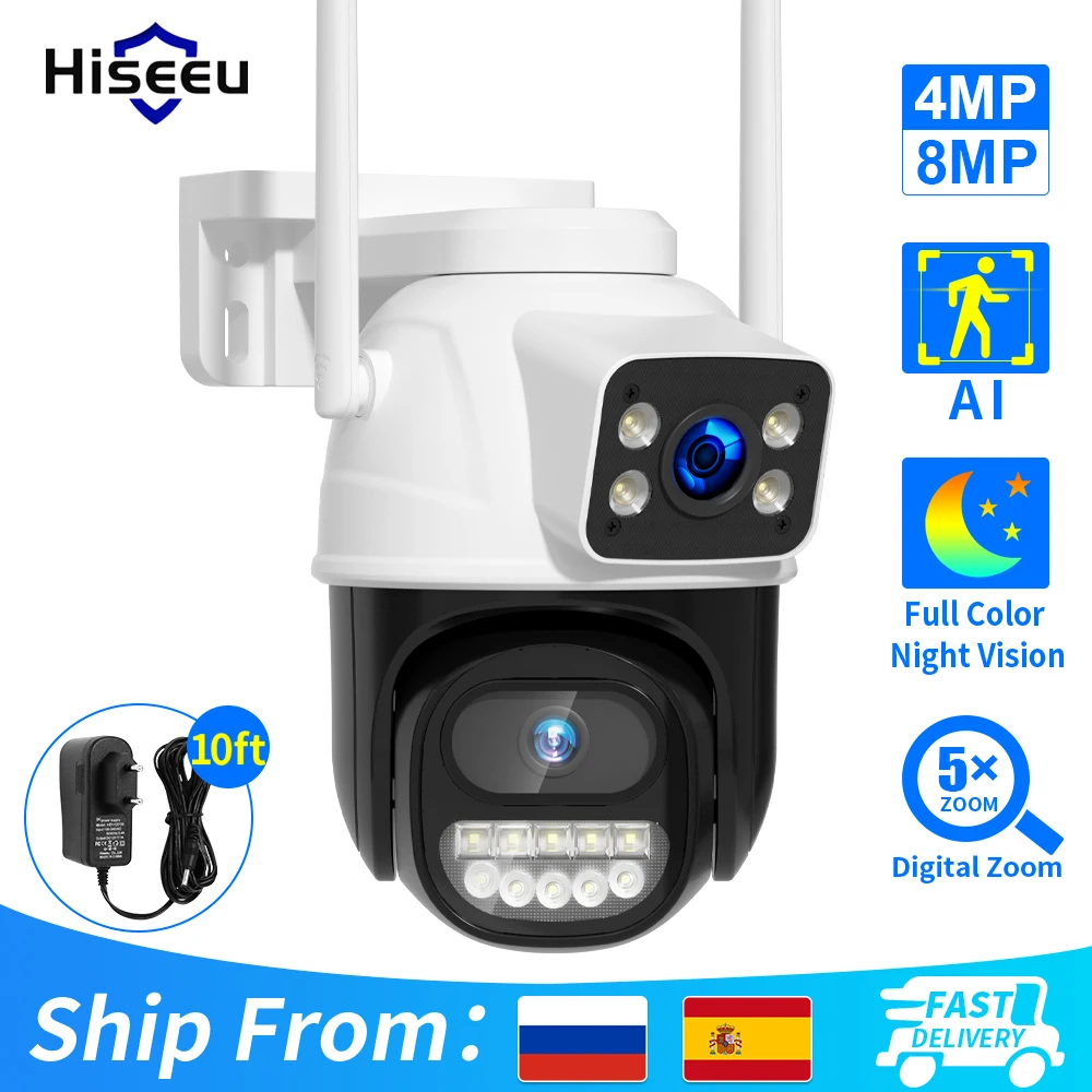 Hiseeu 4K 8MP Wifi Surveillance Camera Dual Lens 5X Digital Zoom AI Human Detect ONVIF Wireless Outdoor Security PTZ IP Cameras