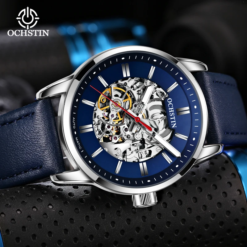 OCHSTIN Master Series Men Skeleton Mechanical Watch Premium Cowhide Leather Strap Daily Waterproof Luxury Business Wristwatch