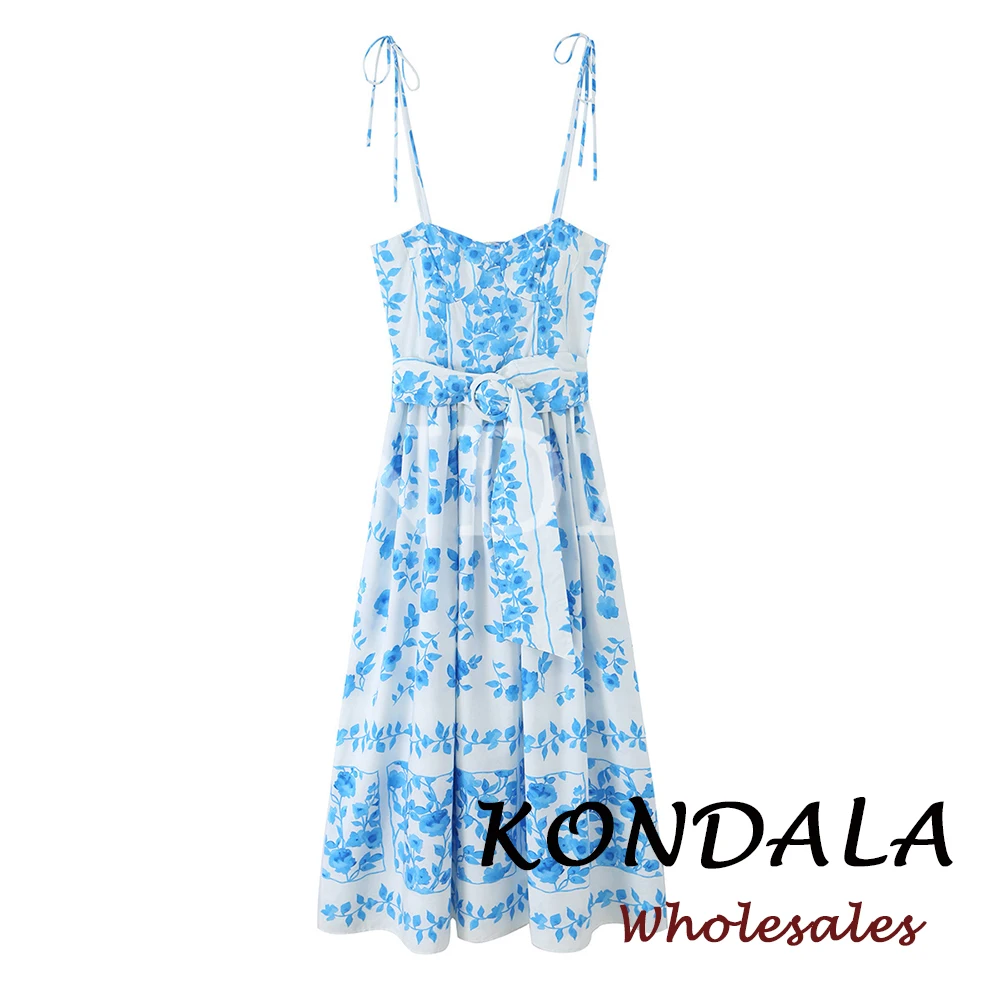 KONDALA Schickes Blaues Bedrucktes Sommer-Cami-Midikleid Mode 2026 Sexy Schleifenband-Cami-Langes Kleid Strand Urlaub Damen Vestidos