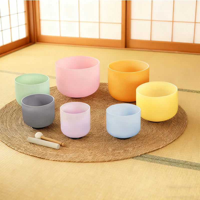 Hye-eun 6-12inch 432hz/440hz 7pcs Light Colored Quartz Crystal Singing Chakra Bowls Set of CDEFGAB for Yoga Healing Medication