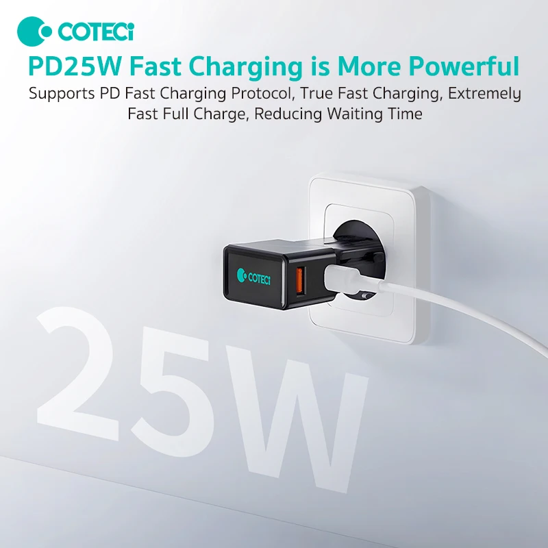 COTECi Mini Universal Travel Charger British Australian Mobile Phone Plug QC3.0 Fast Charge PD Charger 25W Travel Adapter