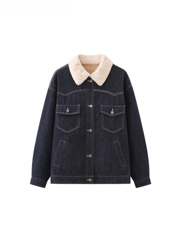 

La Chapelle Retro Casual Lapel Inner Furry Denim Jaet Women's High-End Loose ort Coat Upper Apparel Cotton Polyester Blend