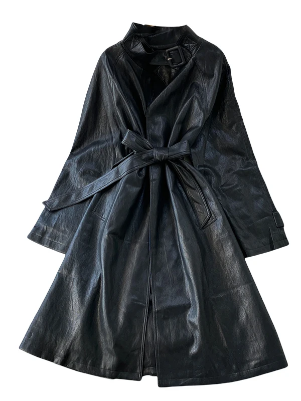 เสื้อโค้ทหนังสไตล์เรโทรเท่ๆ สำหรับผู้หญิง ทรงเข้ารูป คาดเข็มขัด ช่วยกระชับเอว เหมาะสำหรับฤดูหนาว สไตล์ลำลอง/ทำงาน