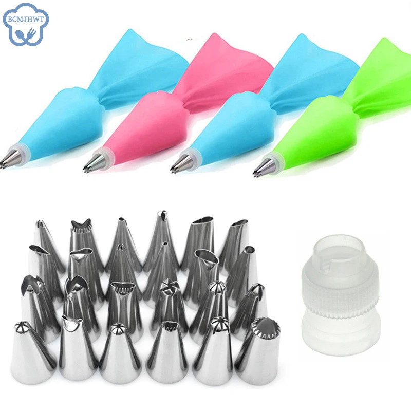 8/26Pcs/Set Silicone Pastry Bag Tips Kitchen Cake Icing Piping Cream Cake Decorating Tools Reusable Pastry Bags+24 Nozzle Set