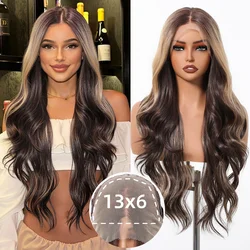 HENRY MARGU Brown Blonde Highlight Synthetic Wigs 13*6 Lace Front Long Wavy Fake Hair for Women Realistic Natural Wig Daily Use