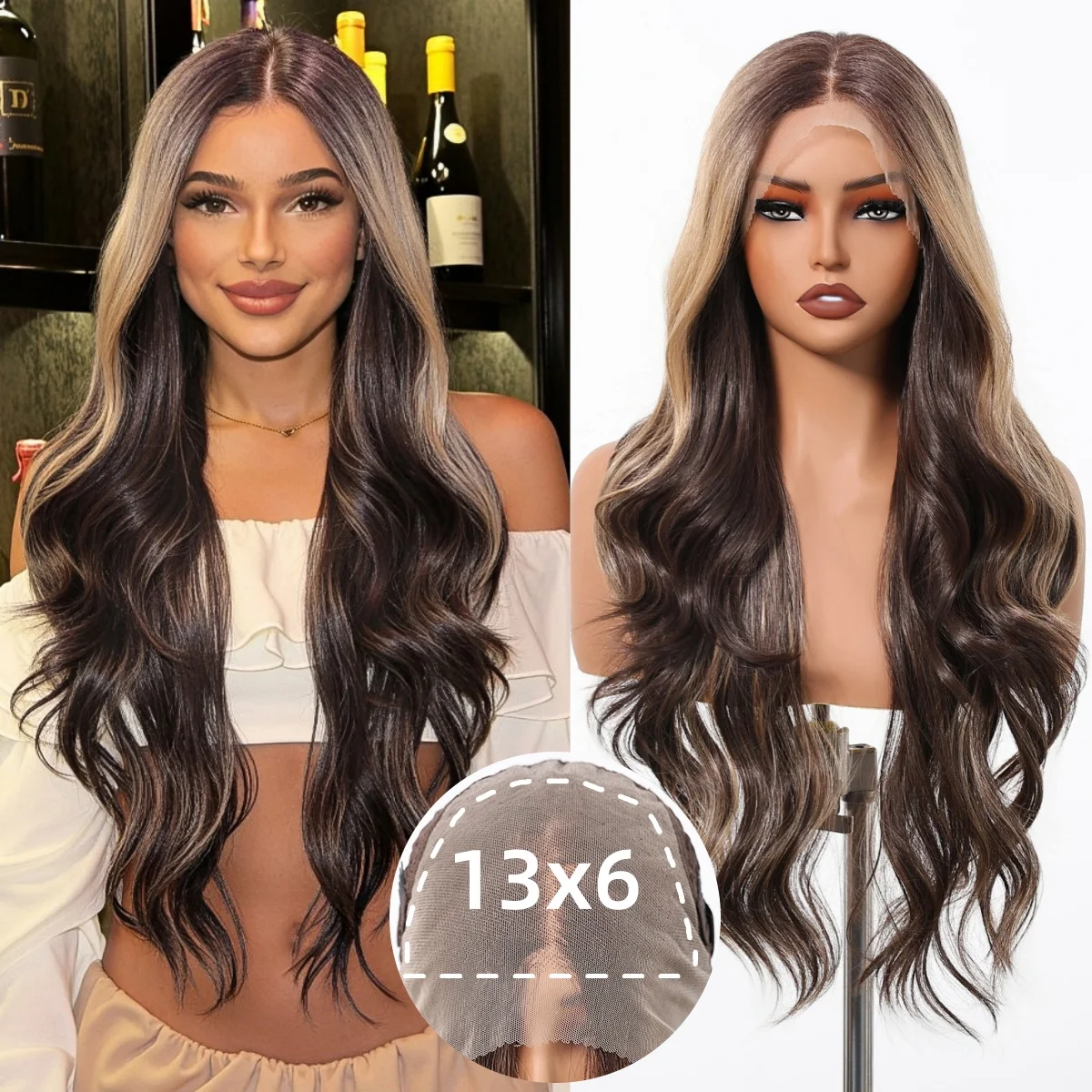 HENRY MARGU Brown Blonde Highlight Synthetic Wigs 13*6 Lace Front Long Wavy Fake Hair for Women Realistic Natural Wig Daily Use