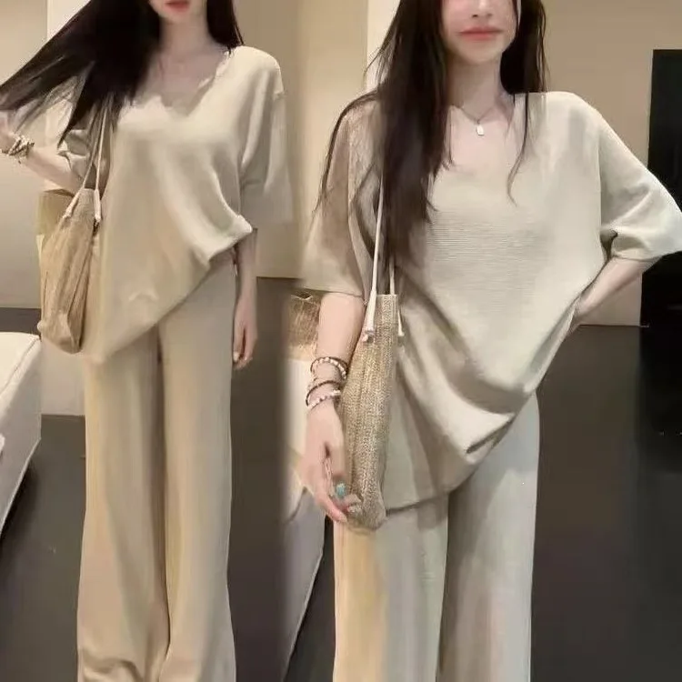 Laid-back Fashionable Loose Casual Set Women's Spring Summer New Style V-neck Short Sleeve Wide Leg Pants Two-piece Set