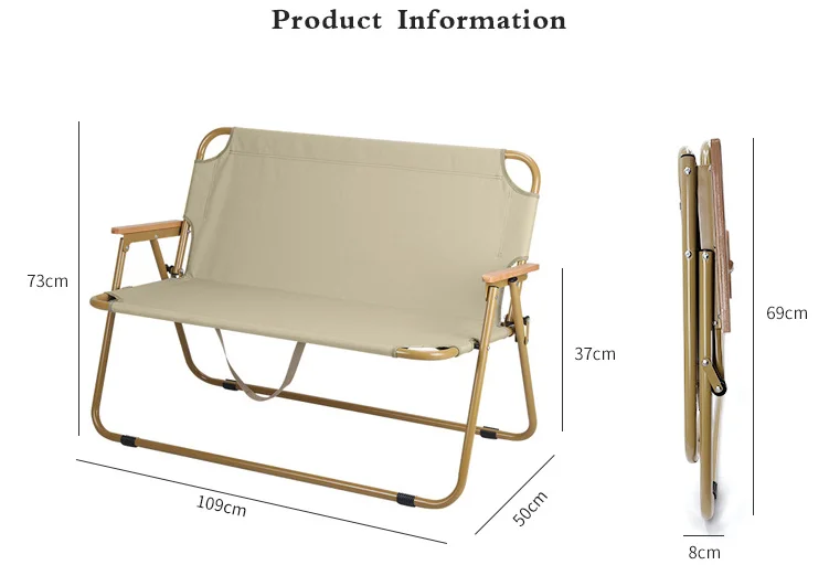 折りたたみ式ダブルシートキャンプチェア、ポータブル屋外芝生ピクニックハイキング、木製アームレストとカップホルダー付き屋外用折りたたみ式