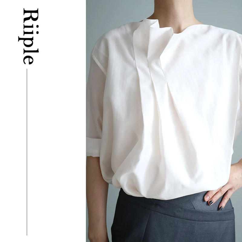 

Riiple Summer Lightweight Pleated 3D Loose Overhead irt Women's Commute Sle Button Long Sve V-Ne Cotton Blend irt