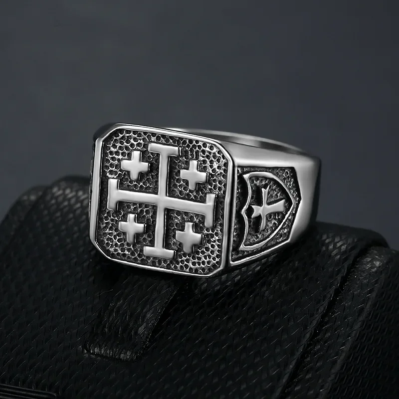 

Stainless Steel Jerusalem Cross Men's Ring, Cross Ring Size 7-15
