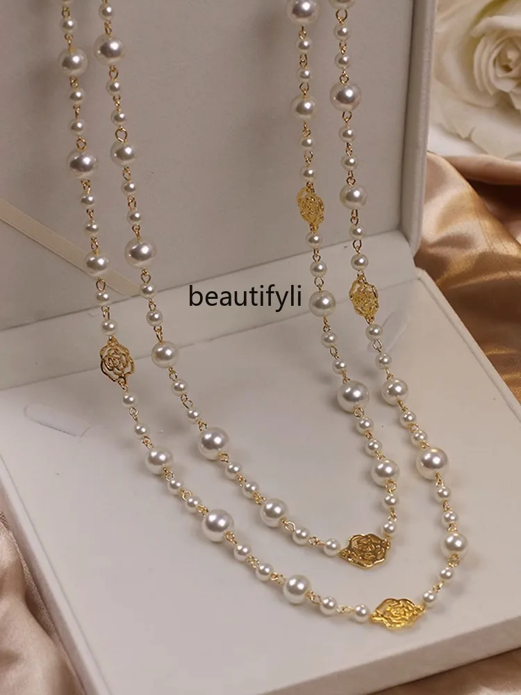 Light Luxury Long Hollow Rose Pearl Sweater Chain Elegant Necklace