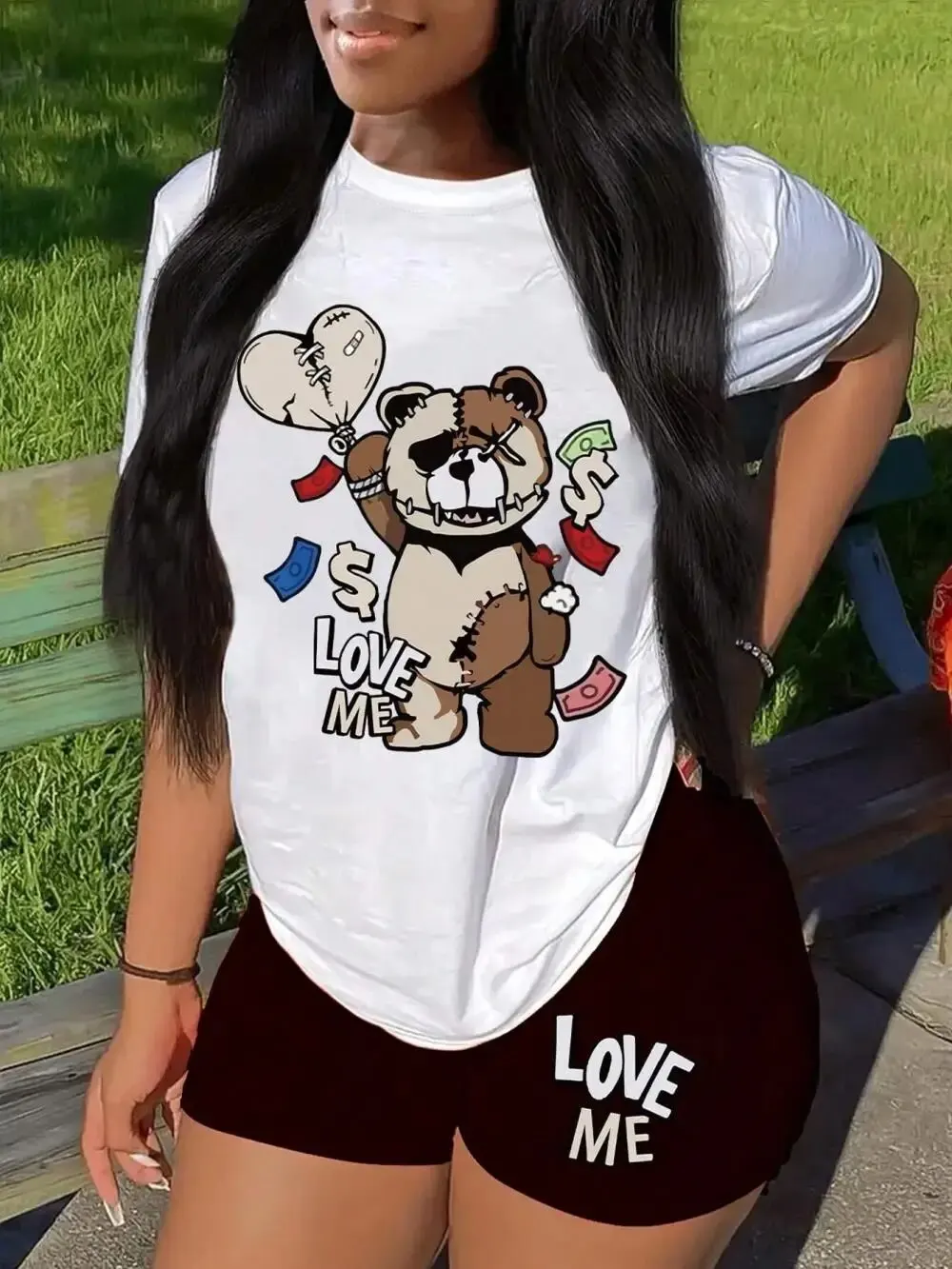 Summer Tops & Shorts Two Pieces Set Casual Women Street Fashion Clothes Cute Bear Love Me Prints T-Shirt Female Short Sleeve