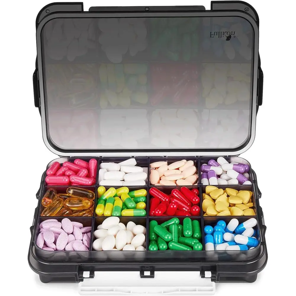 Extra Large Daily Travel Pill Case with 3 Buckles, Large Supplement Box, Removable Dividers - Black