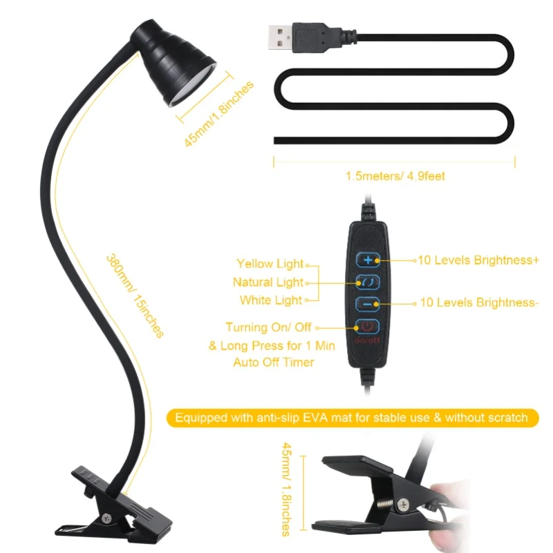 Tomshine 5W 24LEDs Table Desk Lamp Reading Beside Light Clamp CLip Lighting Fixture USB Powered Operated 3 Colors Mode