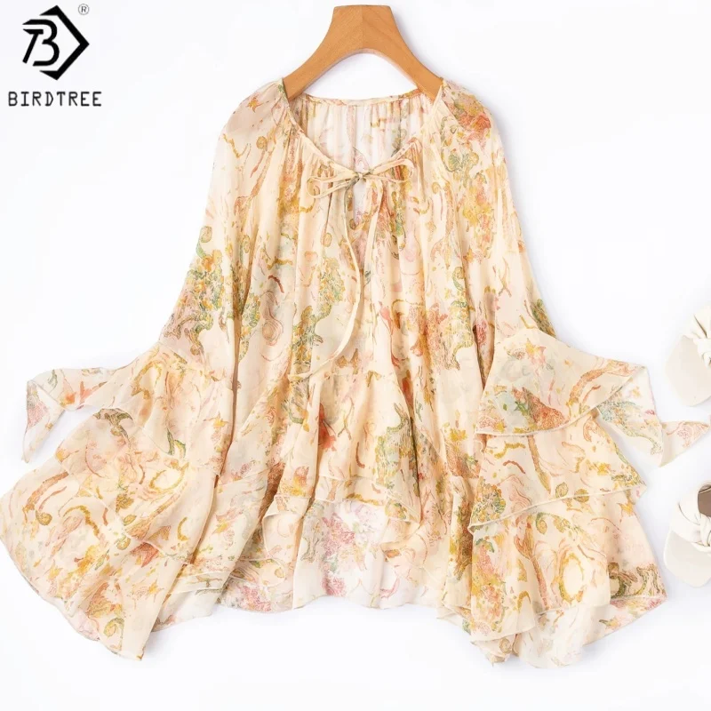 Birdtree, 100% Silk Sheer Blouse, Flare Sleeve O-neck, Women Georgette Ruffle Hem Sun Protection Tops, 2026 Summer New T66402JF