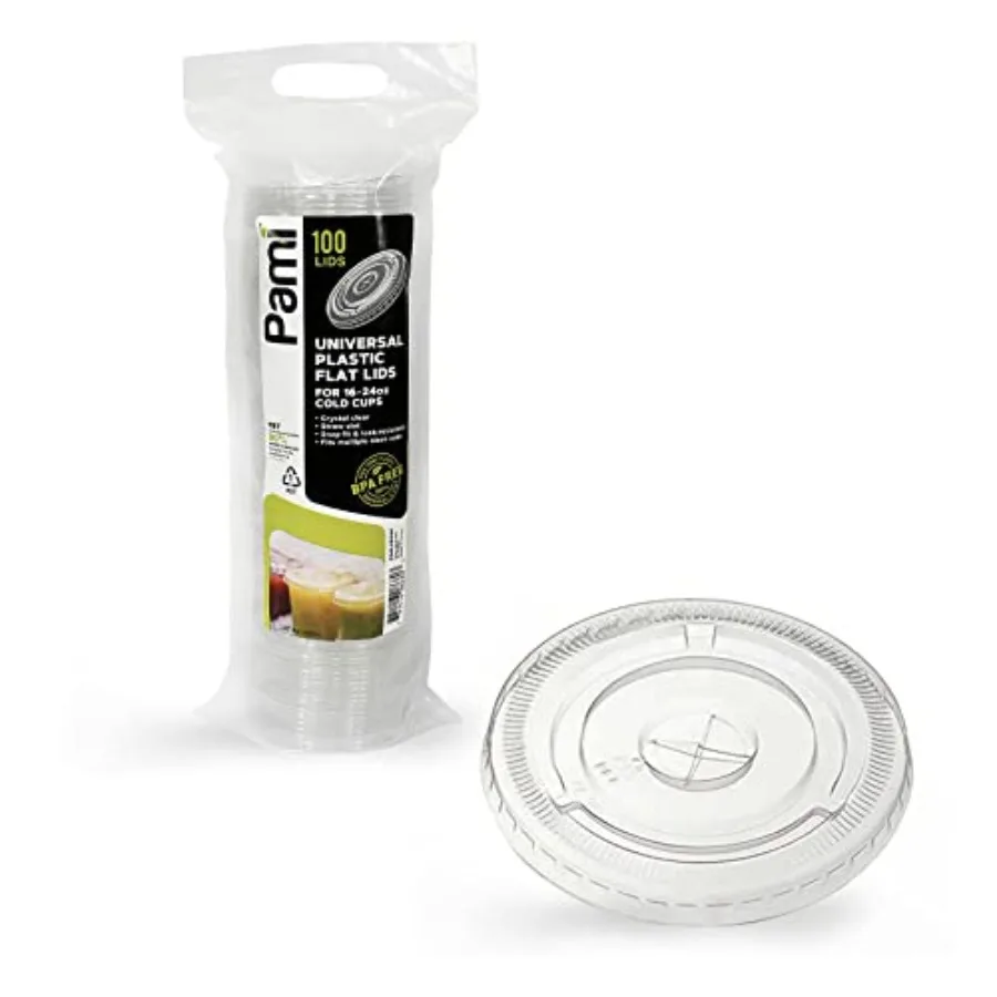 

Clear Plastic Flat Lids with Straw Slot for 16 Oz Cups [Pack of 100] Fits 16, 20, 24 Oz Cups Disposable Leakproof Bpa- Pet Lids