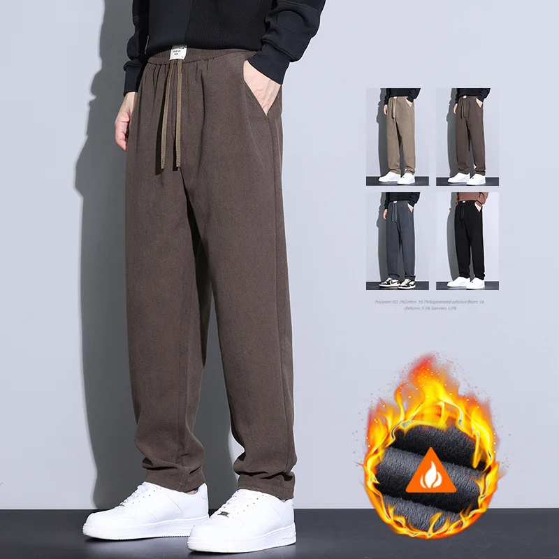 New Winter Fleece Warm Corduroy Pants Men Outdoors Thicken Velvet Flocking Plush Korea Casual Trousers Male Plus Size M-5XL