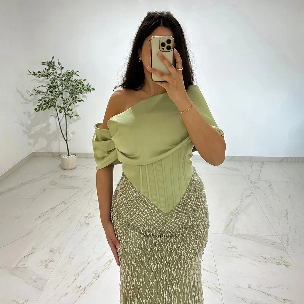 Alinovia Luxury Beaded Nude Off-the-Shoulder Mermaid Evening Dress 2025 Long Formal Prom Wedding Party Gown for Women Customized