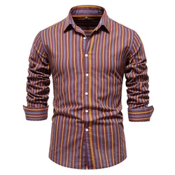 2023 New Autumn 100% Cotton Striped Shirt for Men Long Sleeve  Turn-down Collar Social Mens Shirts Classic Business Men Clothing