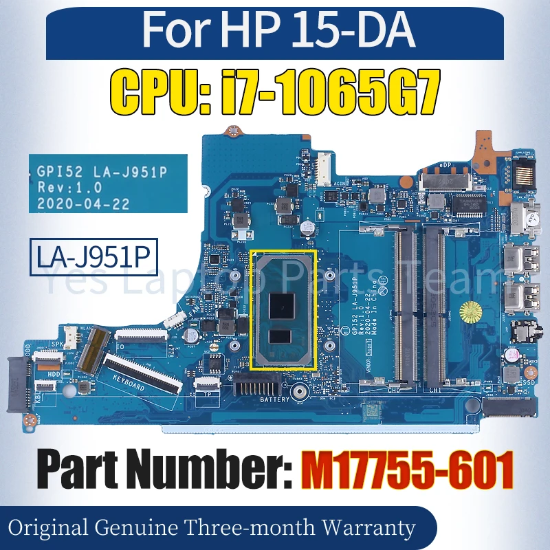 

GPI52 LA-J951P For HP Laptop 15-DA Mainboard M17755-601 SRG0N i7-1065G7 100％ Tested Notebook Motherboard