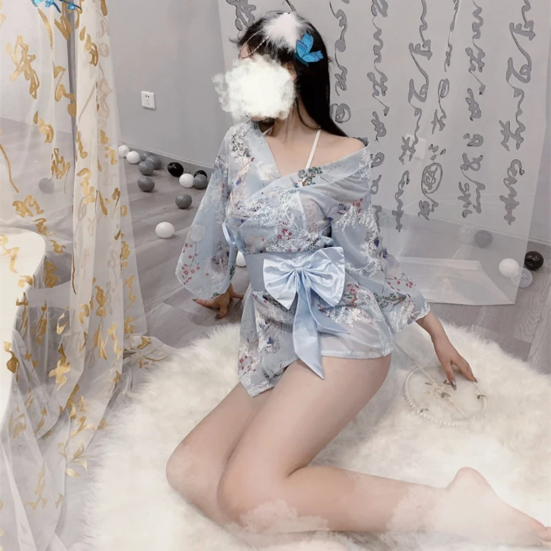 Sexy Embroidery Sakura Kimono Japanese Clothes Seductive Pink Blue Classical See-through Robe Passion Bathrobe Belt Pajamas Suit