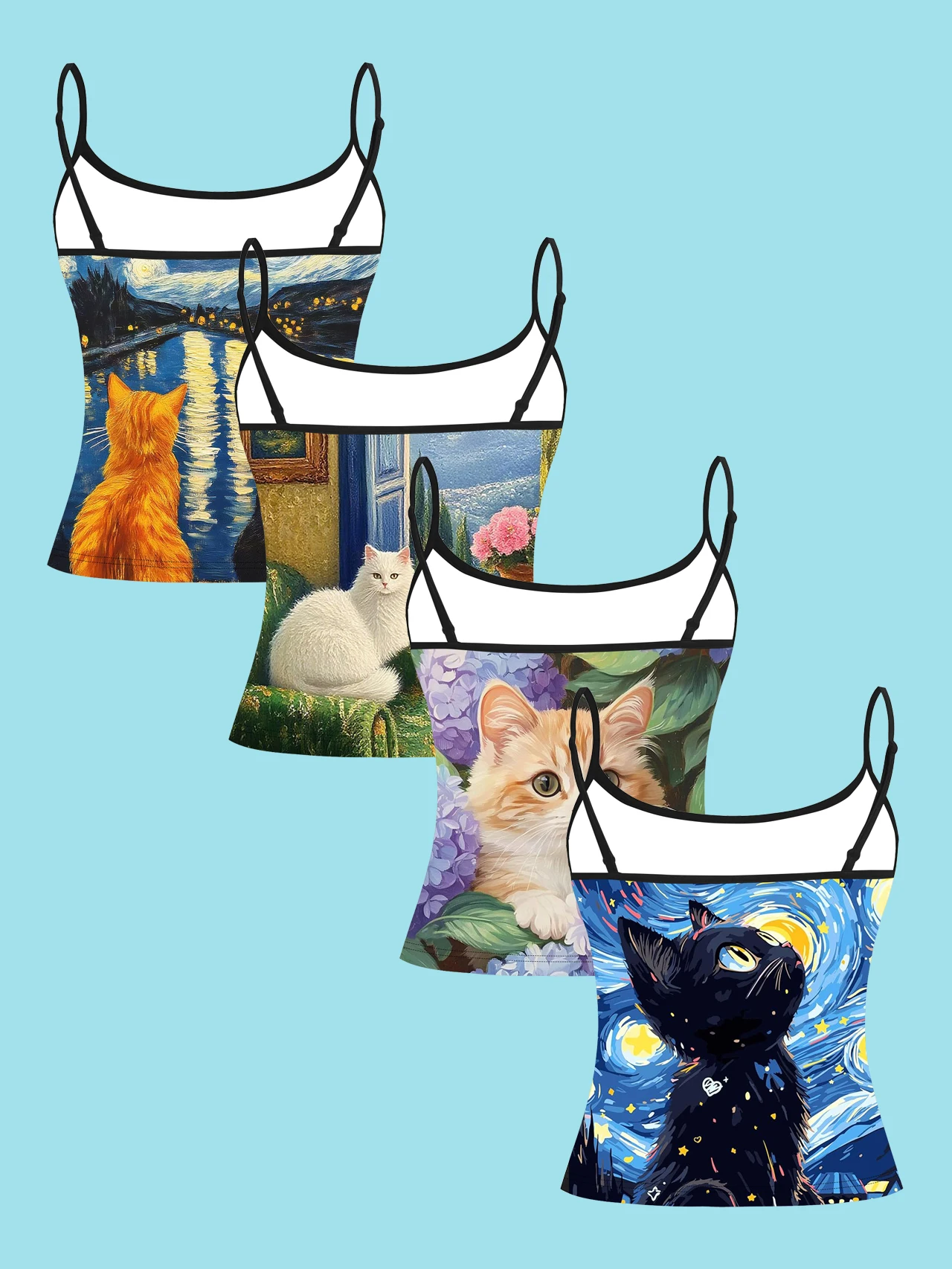 4-Piece Set of Women's Spaghetti Strap Camisoles with Van Gogh's Starry Night Cat Art Print, Slim-Fit Sleeveless Tops, Artistic Healing Style Outerwear and Inner Layering Shirts