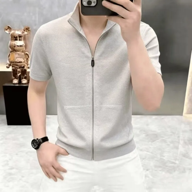 2026 Summer Stand Up Collar Short Sleeved T-shirt Men's Fashion Zipper Cardigan Slim Fit Casual Business Shirt Social Streetwear