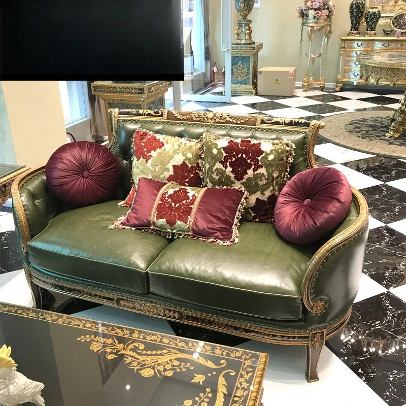 French Neoclassical Chinese Style Mahogany Carving Color Dark Green Suede 123 Combination Sofa
