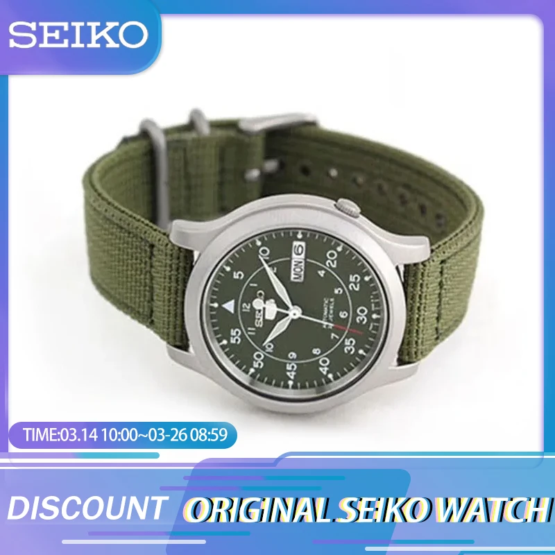 New SEIKO Watches for Men\'s 5 Automatic Stainless Steel Watch with Green Canvas Quartz Luxuy SNK805 Waterproof Wristwatch