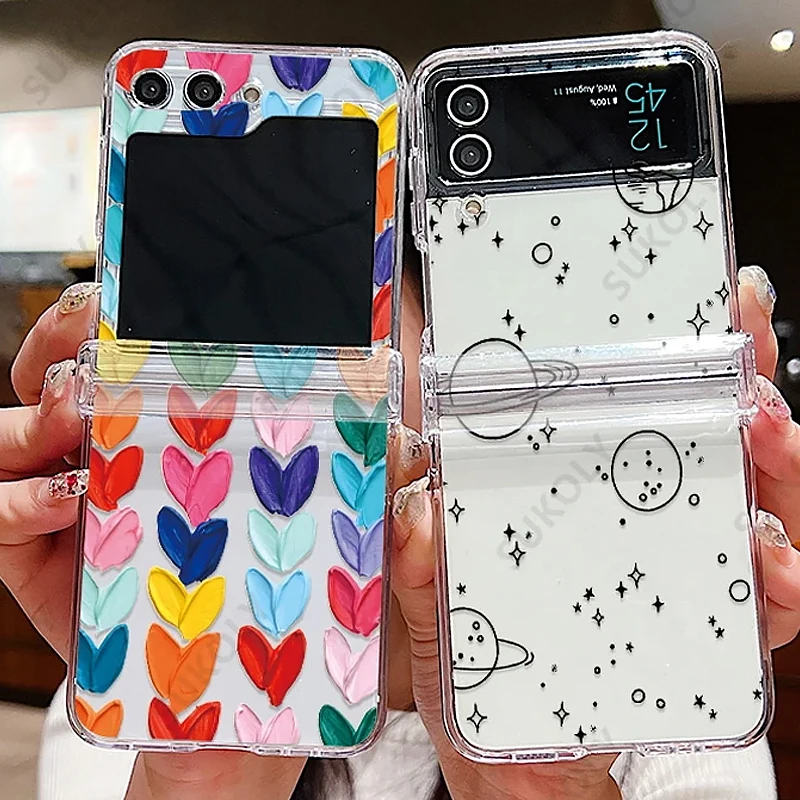 For Samsung Galaxy Z Flip5 Z Flip6 Case Love Pattern Shockproof Folding Transparent Cover For Samsung Galaxy Z Flip 4 3 5 6 5G