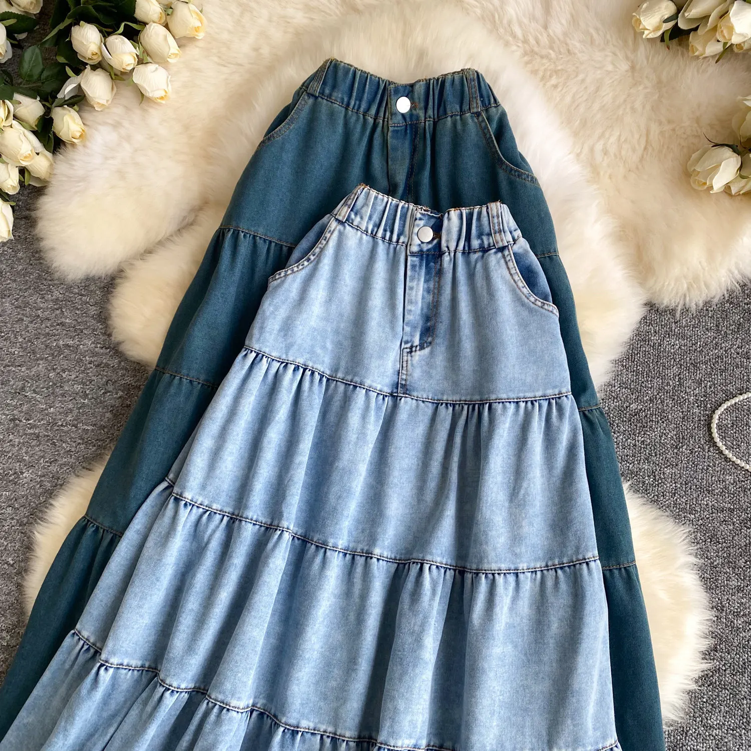 Women Skirts Denim Skirt Solid Pocket Button Empire Elastic Waist Ankle Length Tiered Skirt Loose Fit Casual Office 2026 Summer view 5