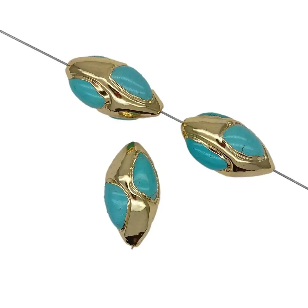 5pcs 19x32mm Olivary blue Turquoise Beads Gold Plated Beads Spacer Jewelry Making Findings