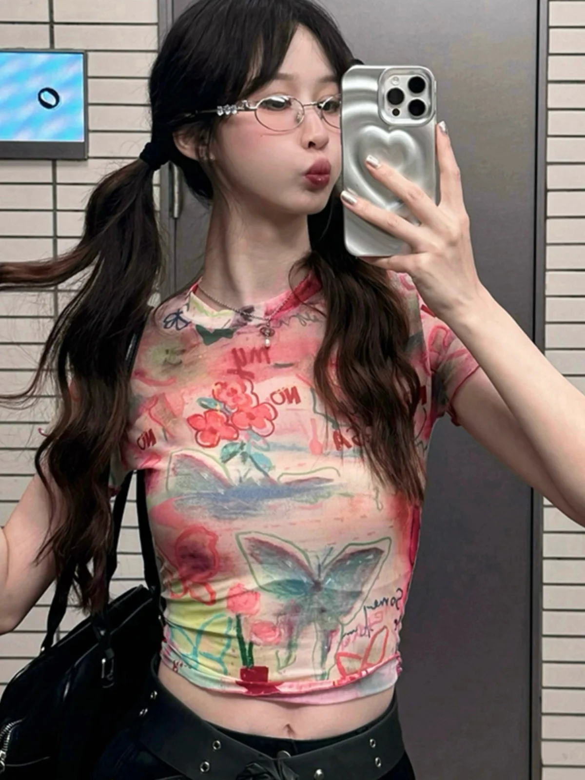 

Women's T-shirt Harajuku Korean Y2k Graphic Print Short Sleeve Tee Top Clothes Fashion Vintage Streetwear Elastic T-shirt 2025