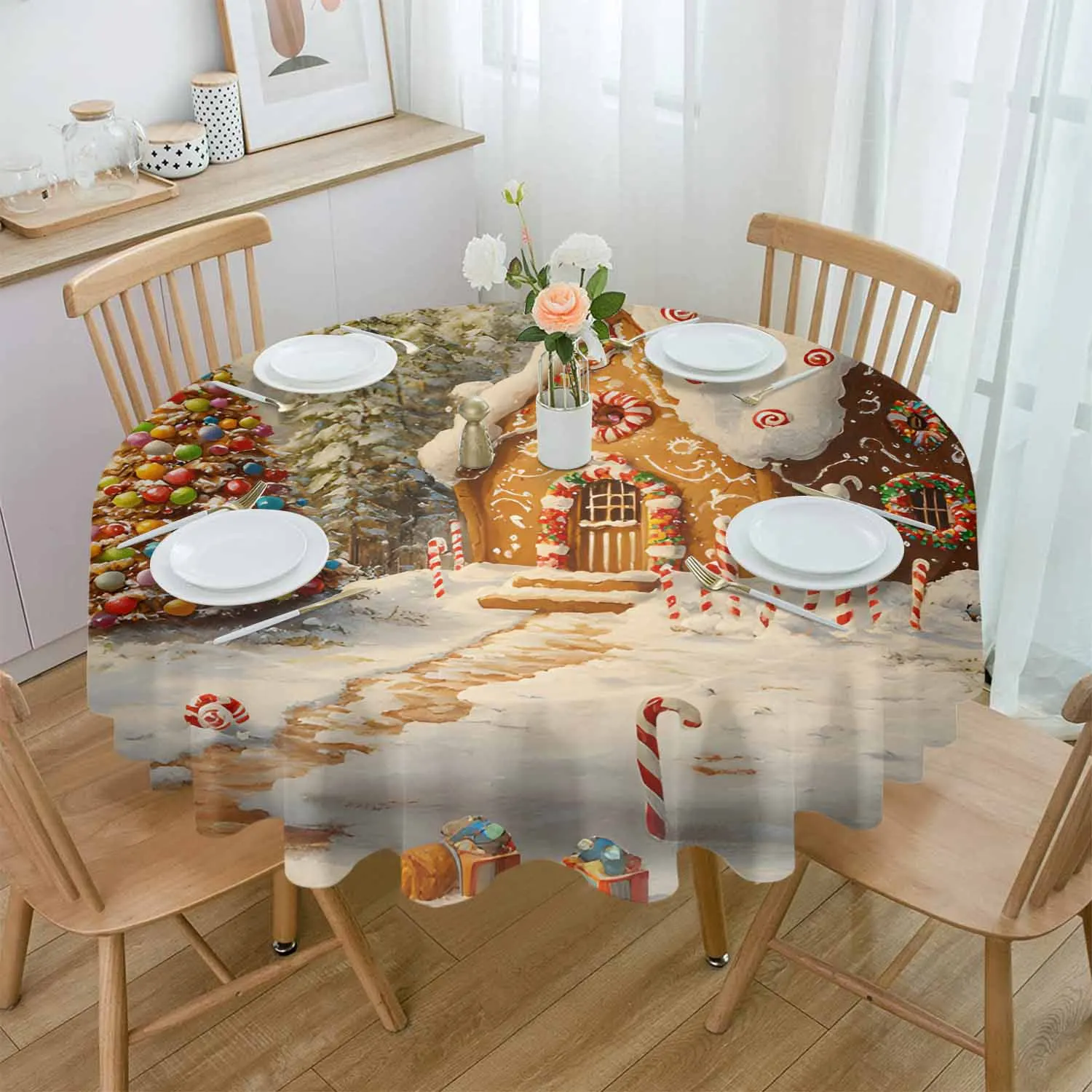 Christmas Tree Gingerbread House Fairy Tale Waterproof Tablecloth Table Decoration Wedding Home Kitchen Dining Room Round Table