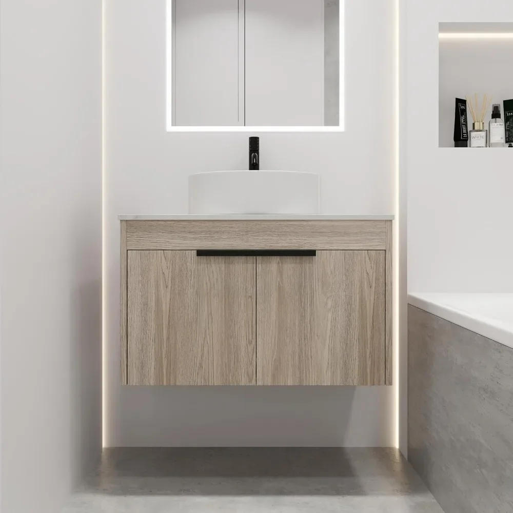 Bathroom vanity cabinet,30" Floating Bathrooms Vanity With Sink,With Marble Top And Round Ceramic Vessel Sink,Bathroom Dresser