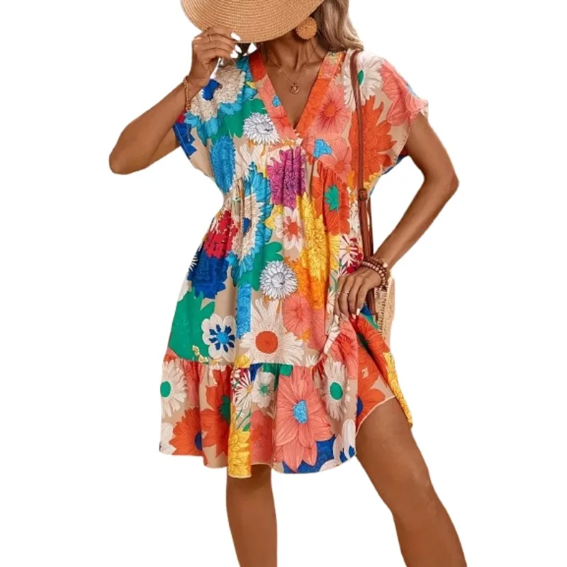 Abito da donna con stampa floreale con scollo a V alla moda taglie forti 1XL-5XL Abito casual elegante e confortevole da donna